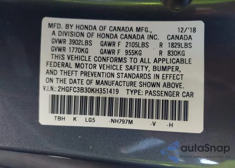 2019 Honda Civic Ex z USA, uszkodzony, nr VIN 2HGFC3B30KH351419